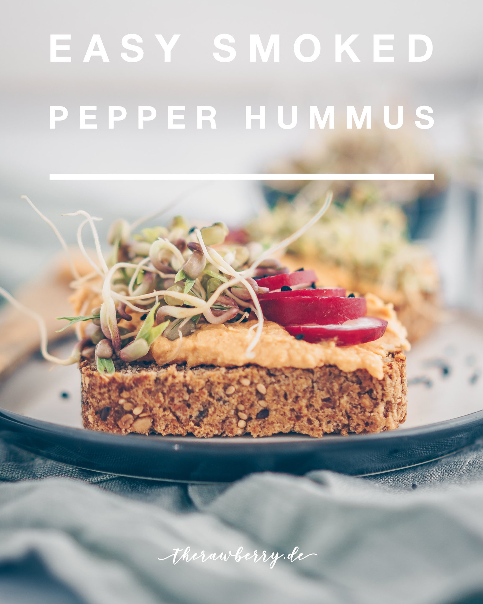 hummus, easy, vegan, savory, toast, rezept, therawberry, einfach, healthy, gesund, simple, spread, aufstrich, wholesome, vollwertkost, diät, gesund, Brot, Sprossen, sprouts, bell pepper, paprika, smoked