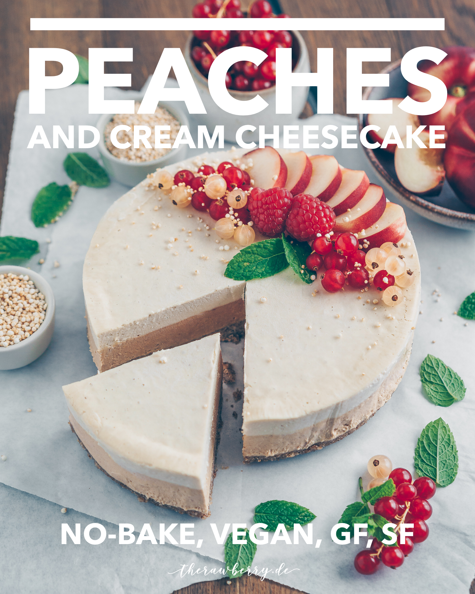 peaches, cream, therawberry, recipe, rezept, Pfirsich, kuchen, cake, delicious, lecker, rezept, recipe, gesund, healthy, glutenfrei, gluten-free, vegan, dessert, Nachtisch, food, essen, photography, Fotografie, Beeren, berries