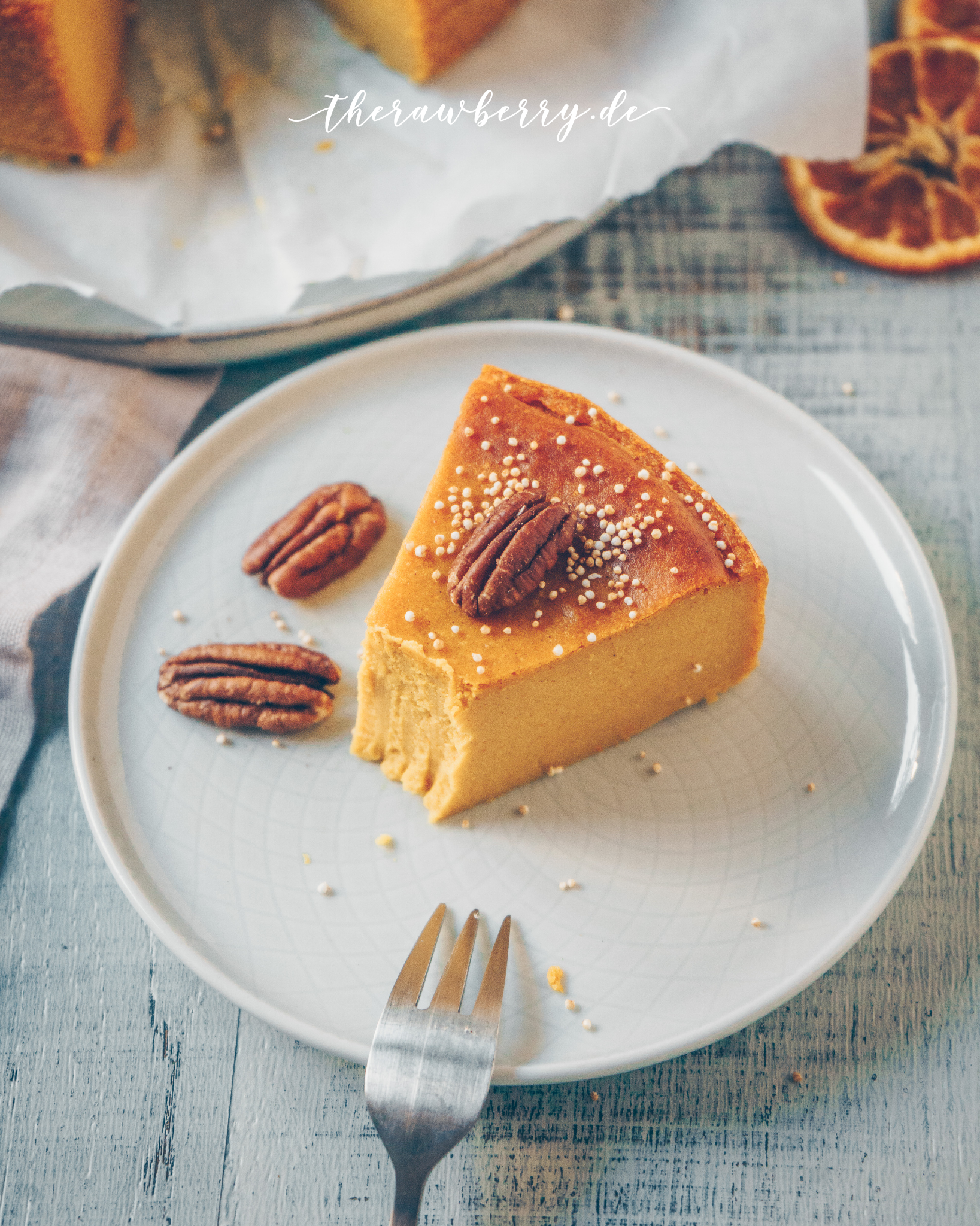 pumpkin, kürbis, Herbst, Käsekuchen, cheesecake, vegan, glutenfree, gluten free, glutenfrei, lecker, delicious, healthy, gesund, diet, less sugar, easy, einfach, simple, baking, yellow, gelb, kuchen, cake, pecans, pekanüsse, zuckerfrei, sugar free, no crust, ohne boden