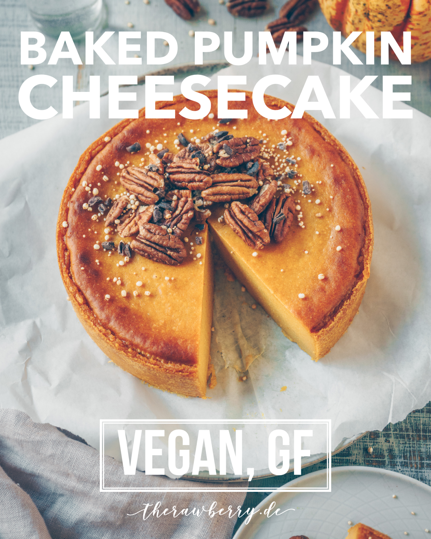 pumpkin, kürbis, Herbst, Käsekuchen, cheesecake, vegan, glutenfree, gluten free, glutenfrei, lecker, delicious, healthy, gesund, diet, less sugar, easy, einfach, simple, baking, yellow, gelb, kuchen, cake, pecans, pekanüsse, zuckerfrei, sugar free, no crust, ohne boden