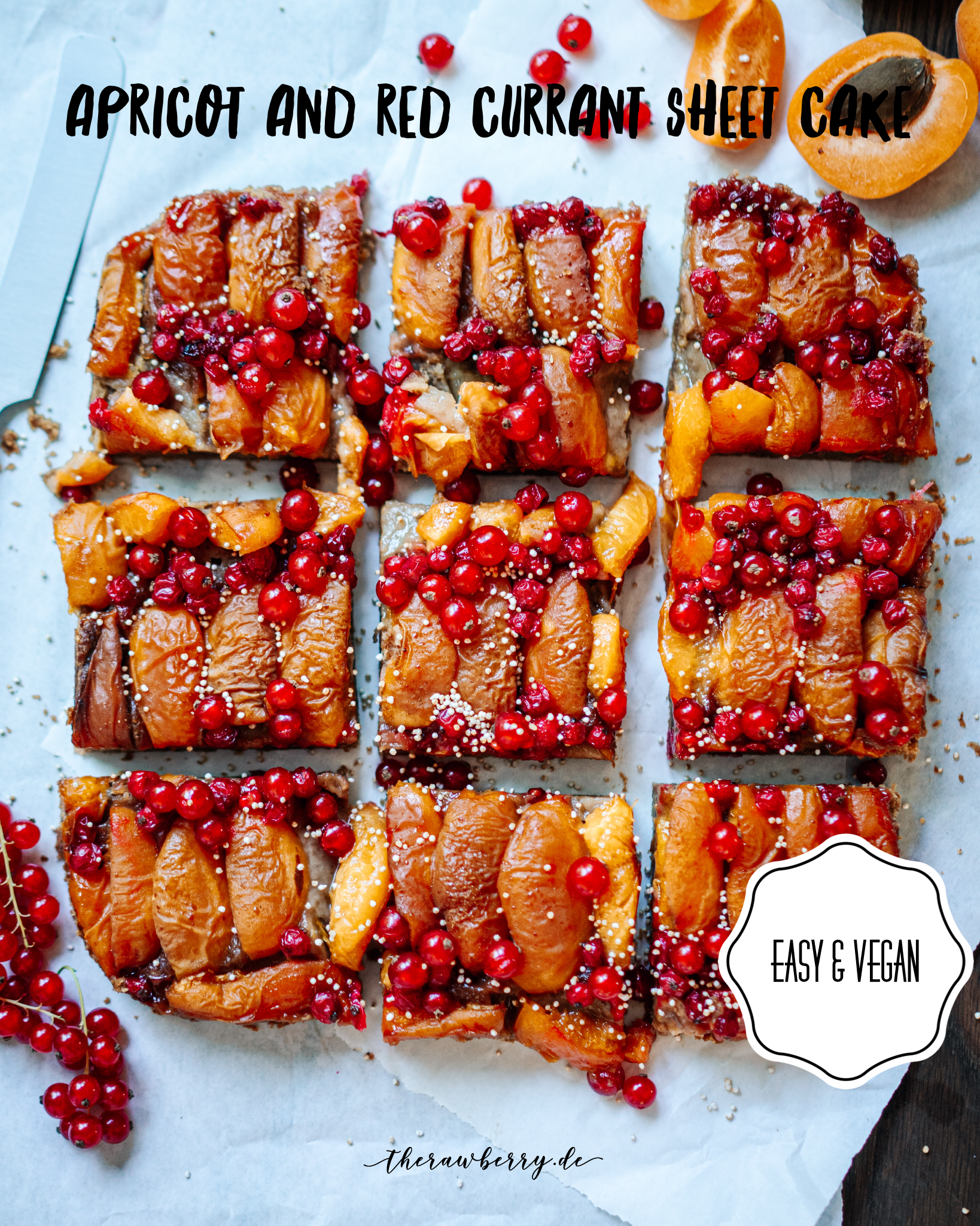 cake, vegan, sheet cake, Blechkuchen, kuchen, vegan. dairy free, laktosefrei, marie dorfschmidt, food photography, fotografie, delicious, lecker, easy, einfach, food, essen, nachtisch, dessert, baking, backen, fruits, früchte, aprikose, apricot, red currants, johannisbeeren, quick, simple, simpel, diet, coconut blossom sugar, kokosblütenzucker, berries, food styling, rezept, recipe